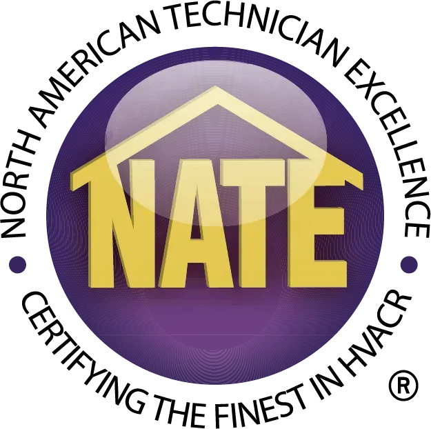 NATE certification logo with purple circle, gold house roof, and black text: “North American Technician Excellence”