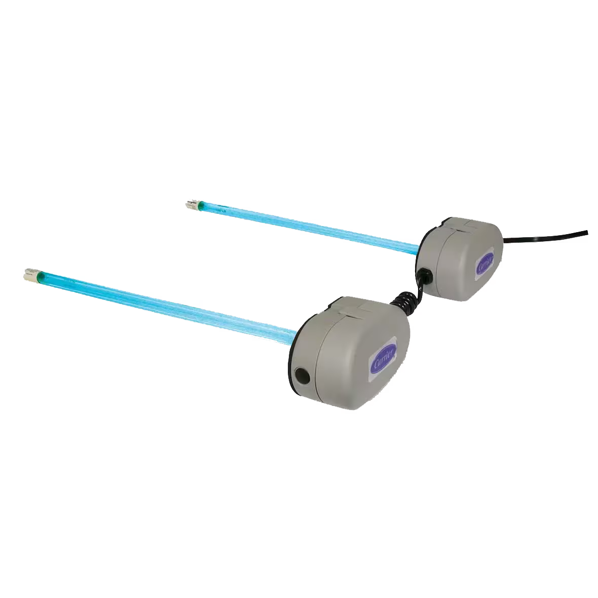 Two gray motorized devices with blue rods on a white background