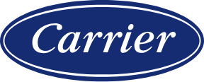 Carrier logo in white script on a blue oval background