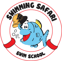 Blue cartoon fish holding safari hat in a life ring,
