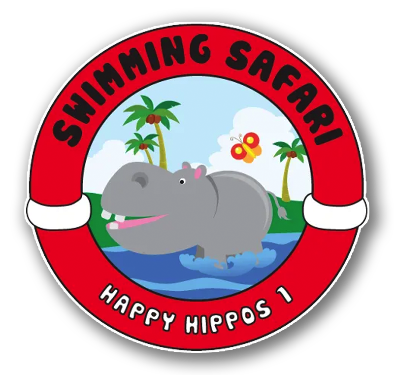 Swimming Safari badge: Happy hippo in water, smiling, red frame, palm trees, butterfly.