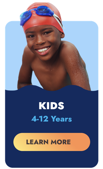 Smiling child in swim cap and goggles, blue and orange button for