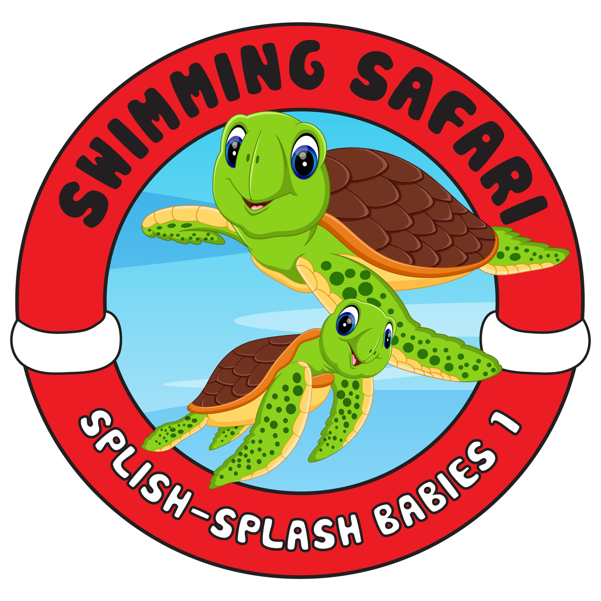 Circular logo: Two babies swimming underwater;