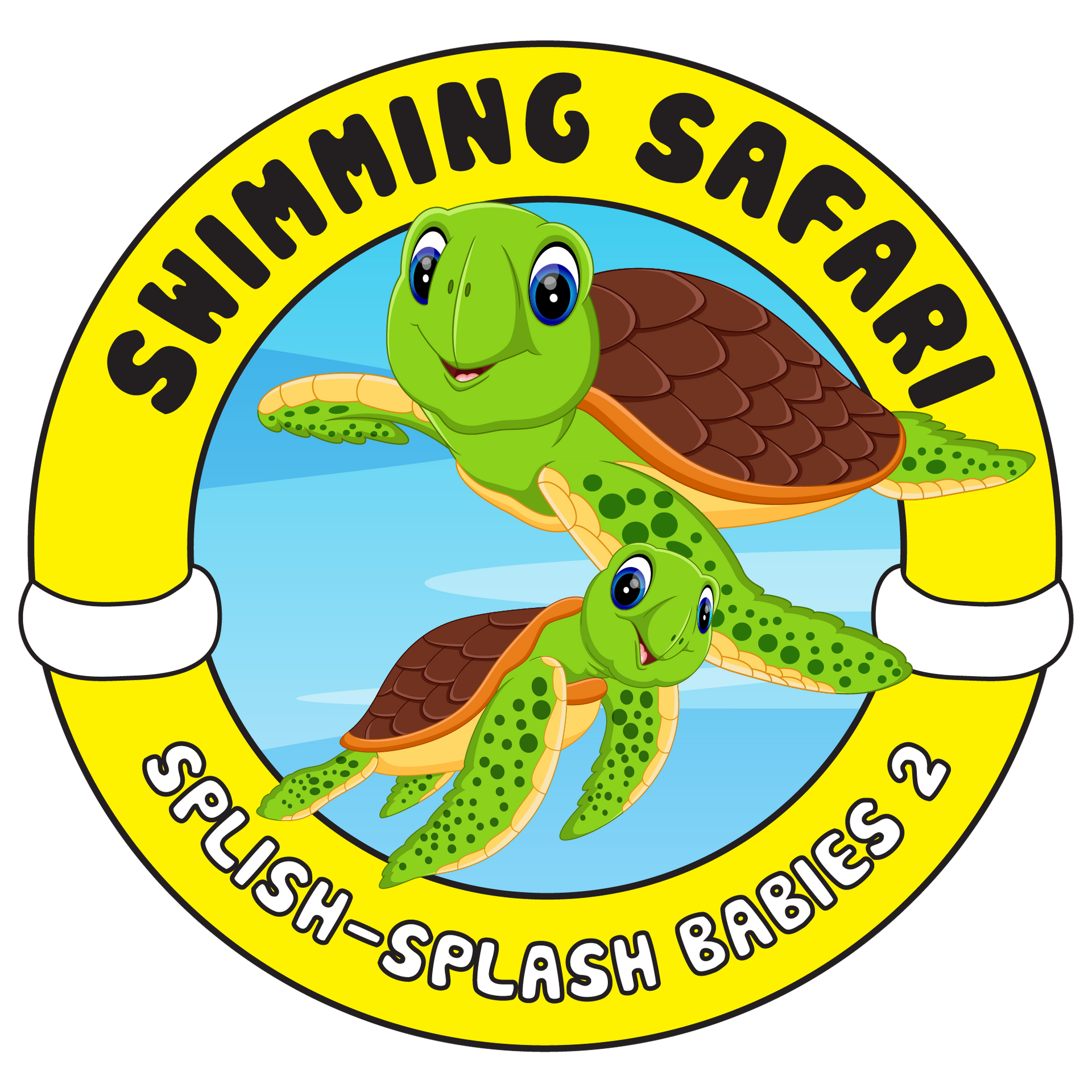 Swimming Safari logo: Kids swimming in a blue ocean, surrounded by sea creatures, yellow frame.