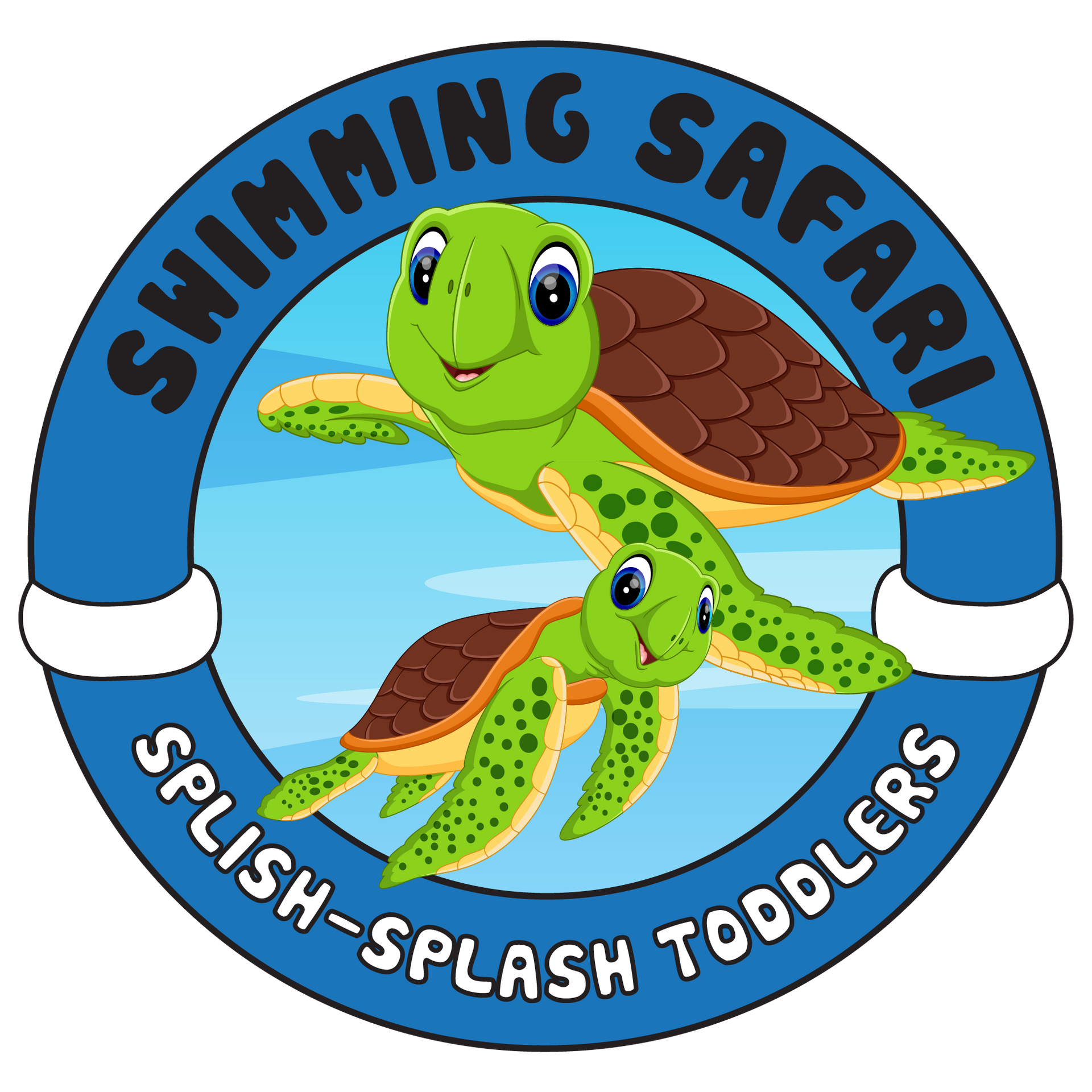 Swimming Safari logo with cartoon toddlers underwater, surrounded by sea creatures. Blue and white.