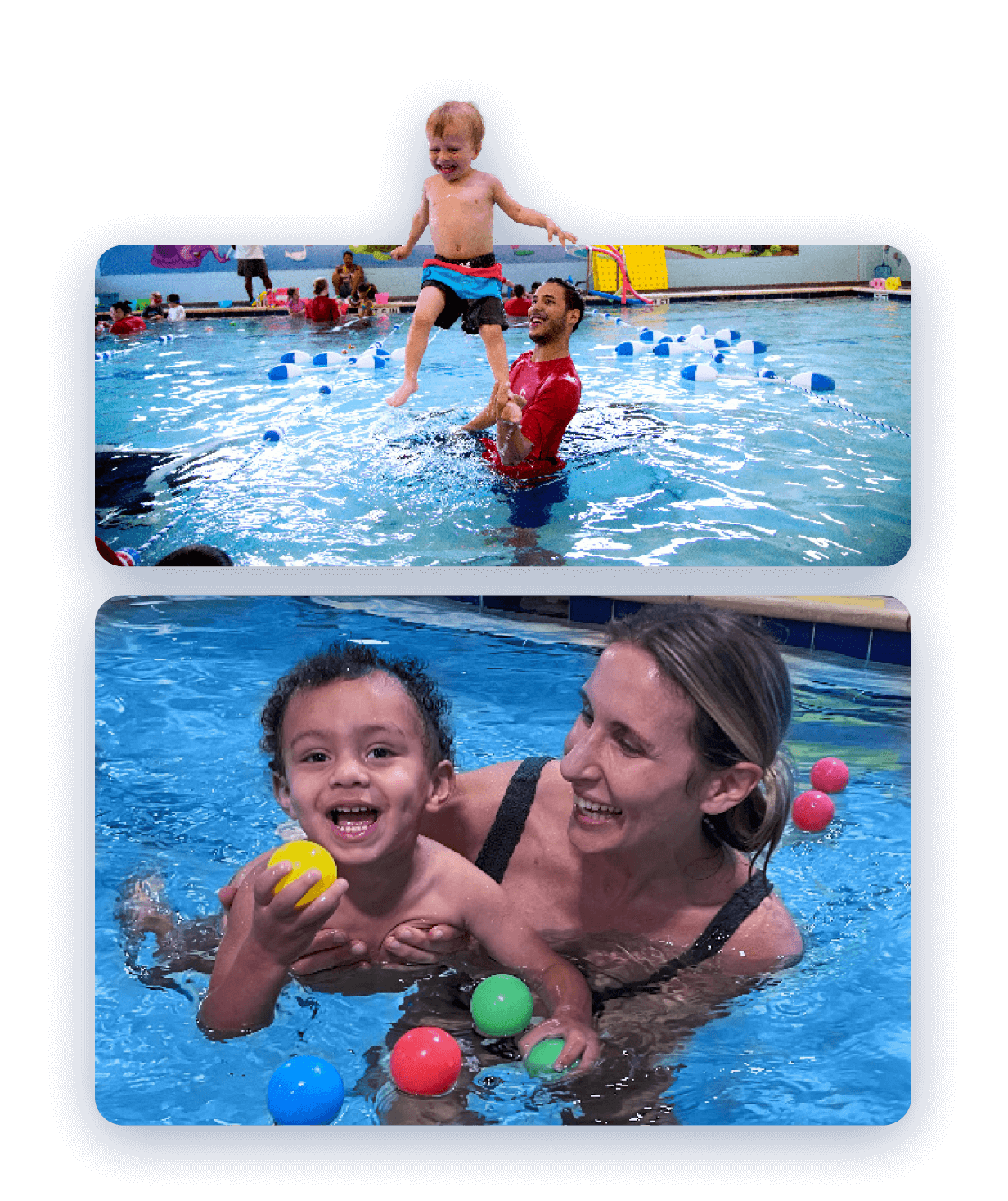 Child jumping into a pool with an instructor; another child in the water with an instructor, smiling, with colorful balls.