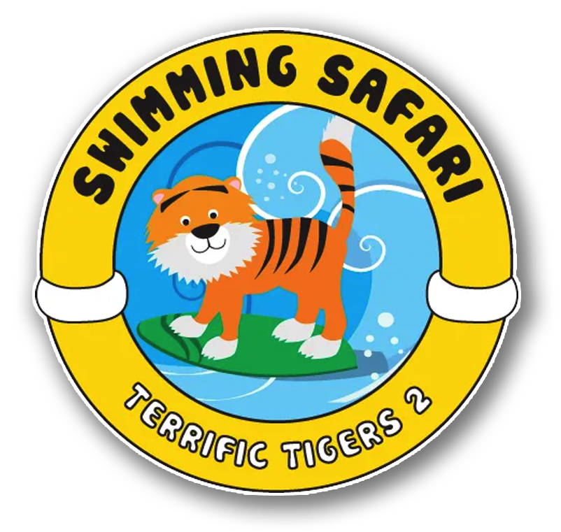 A smiling tiger on a surfboard with 