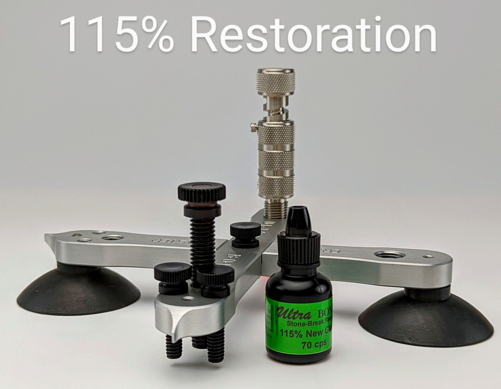The only holding structure that manipulates the glass. Can flex open the entire break and every leg at once. Eliminates manually flexing legs and can replace or enhance vacuuming. Ultra Bond Wonder Bar Windshield Repair Kit