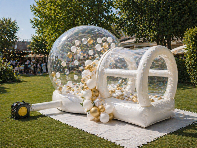 Eine durchsichtige, aufblasbare Hüpfburg in Calw, Pforzheim und Umgebung und eine weiße, radähnliche Struktur stehen auf einer Rasenfläche im Freien, daneben befinden sich goldene Ballons.