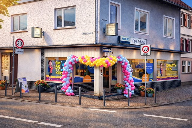 Vor einem Gebäude steht ein rosa, weiß und silberner Ballonbogen.