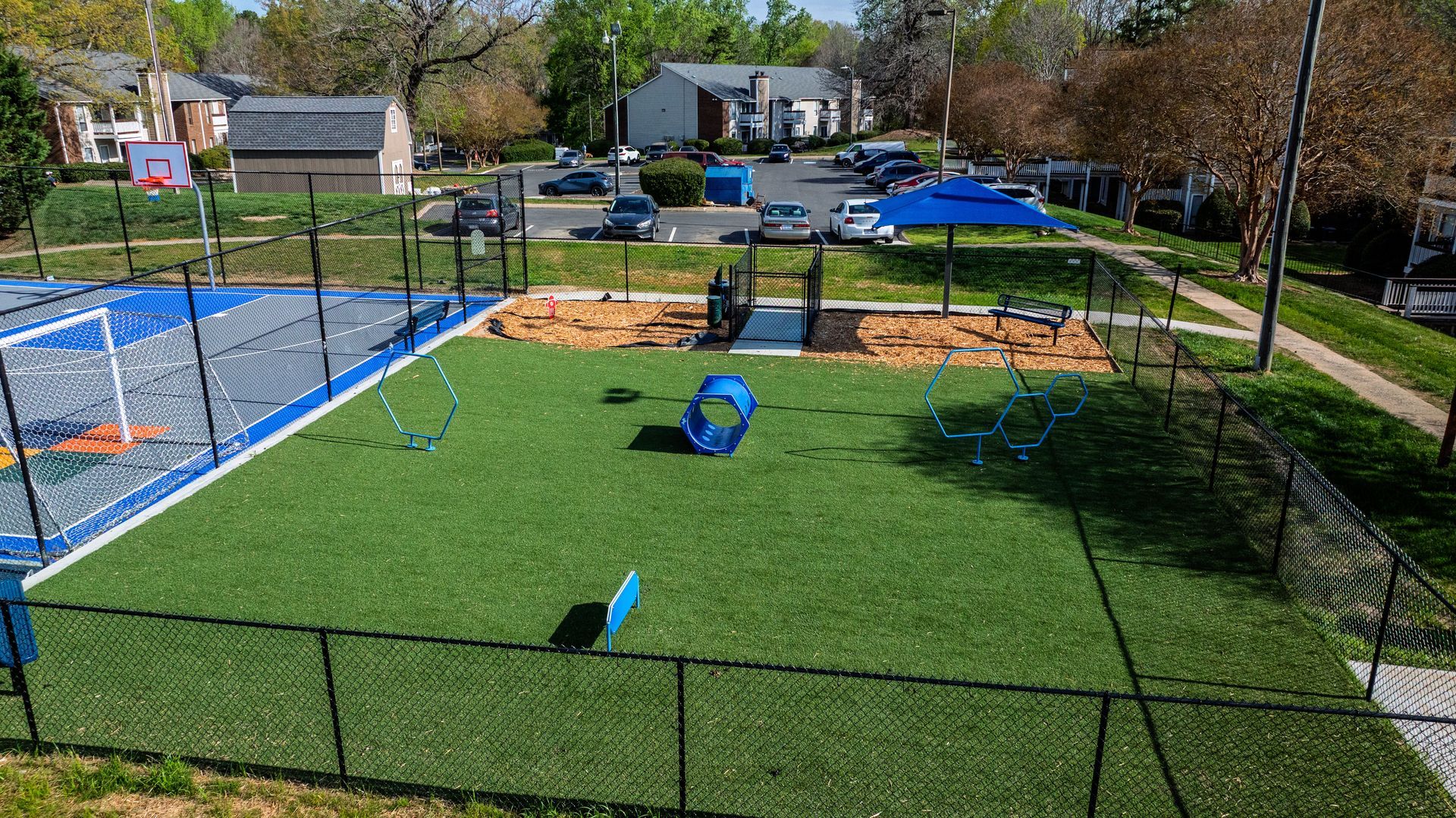 Fenced grassy dog play area with blue agility equipment and a small pool, beside a tennis court and houses