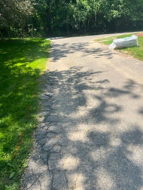 Cracked asphalt driveway in sunlight with grassy area to the left and trees in the background.