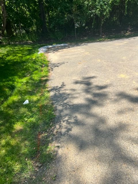 Gravel path next to green grass and trees, sunlight casts tree shadows onto the path.