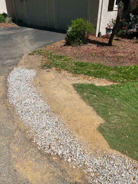 A driveway with gravel, dirt, and grass. A green bush and a tree are visible in the background.