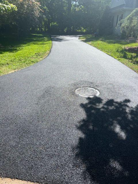Asphalt driveway curving through grassy lawn, with a manhole cover visible. Tree shadow in foreground.