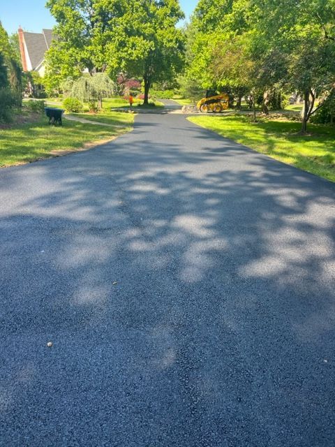 Asphalt driveway through a grassy yard, under large shade trees; sunny day.