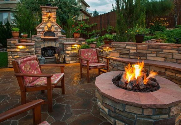 outside deck with fireplace