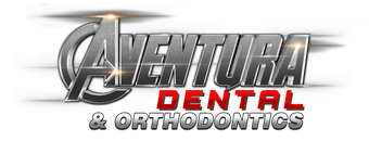 Aventura Dental & Orthodontics logo in silver, red, and black on a white background