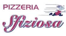 Logo per Pizzeria Sfiziosa: testo con un omino che corre.