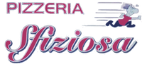 Logo per Pizzeria Sfiziosa con testo e un personaggio dei cartoni animati che corre seguendo le linee di velocità.