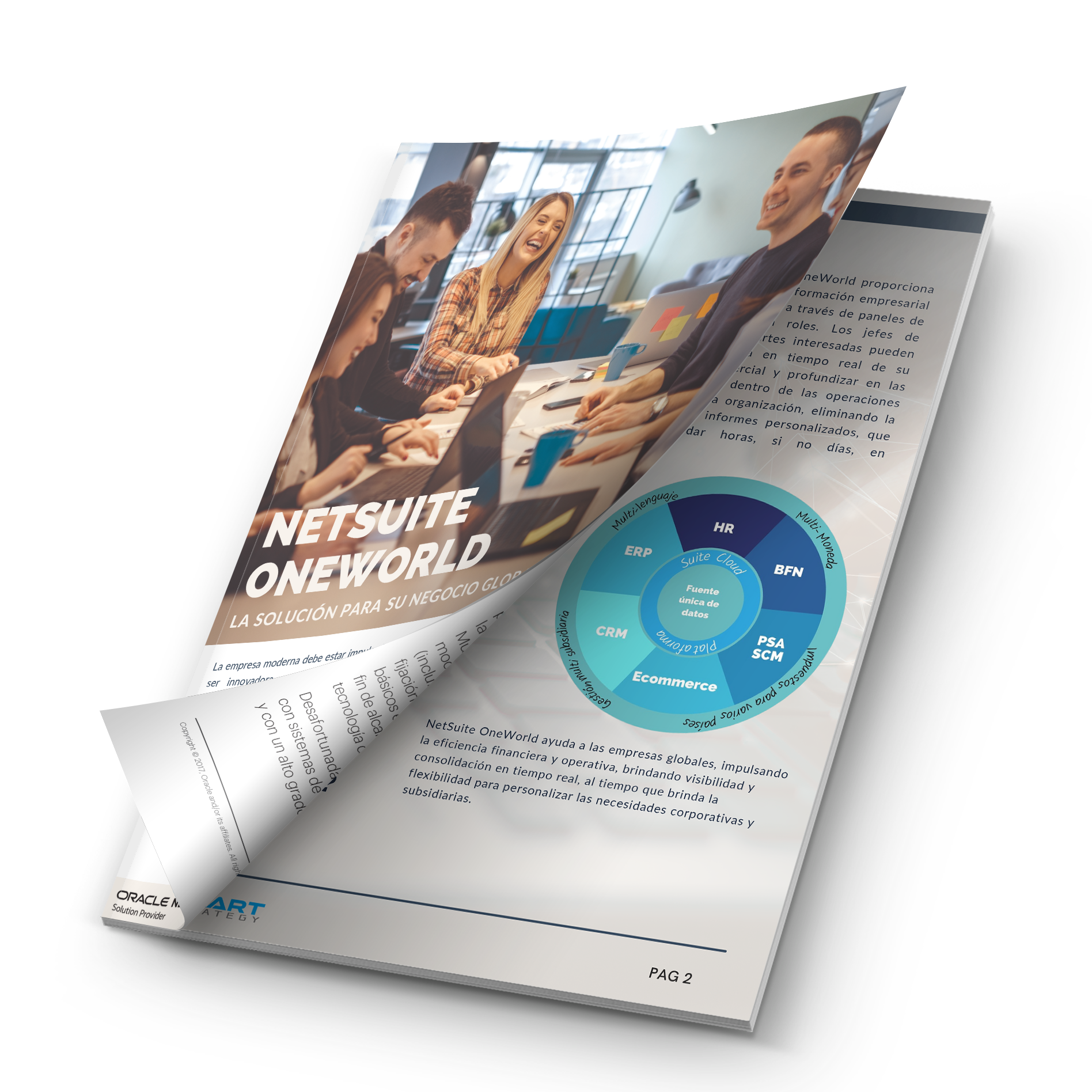 Un folleto publicitario que muestra la portada de NetSuite OneWorld con un grupo de personas trabajando en una oficina y un diagrama de flujo de procesos empresariales.