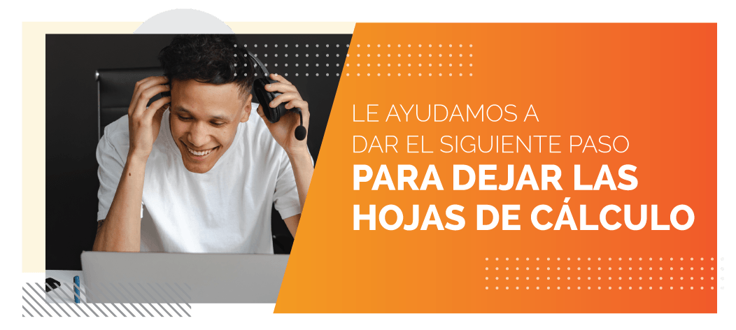 A person wearing a headset smiling at a laptop, next to orange text that reads: