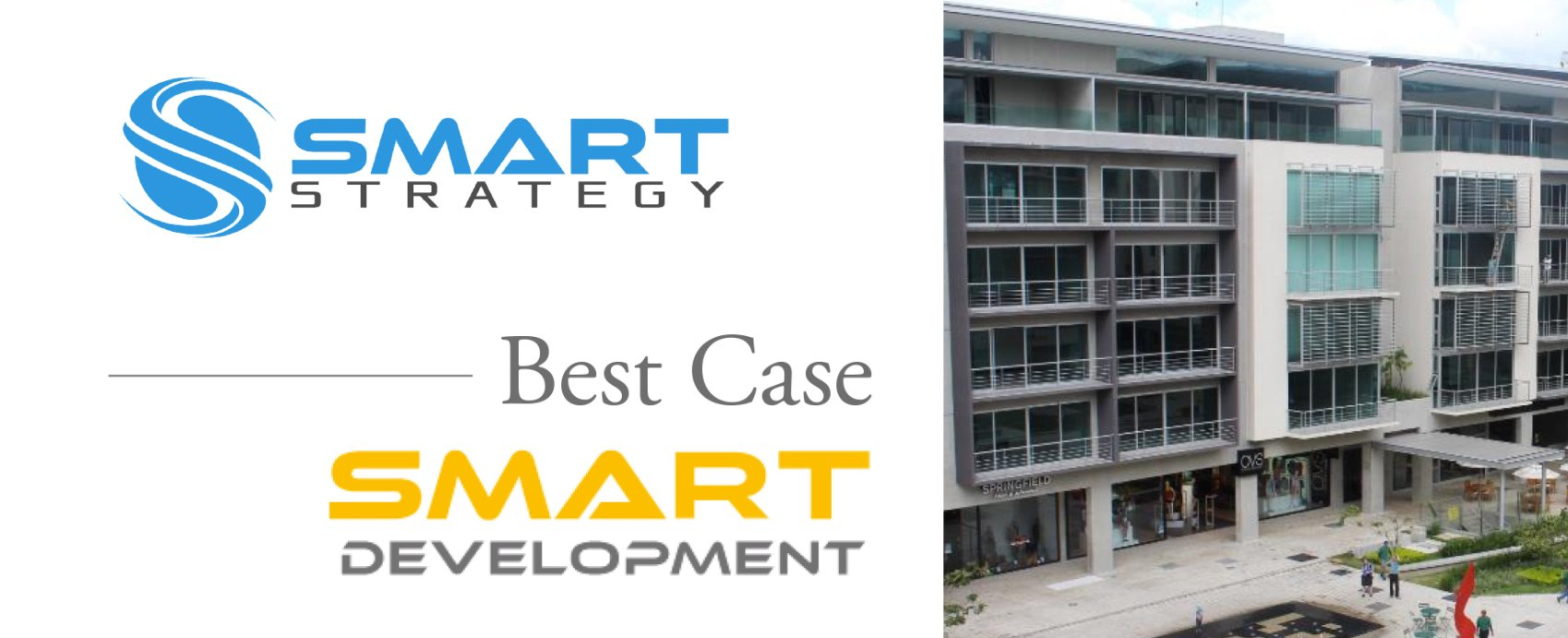 Logotipos de Estrategia Inteligente y Desarrollo Inteligente junto a un edificio residencial moderno de varias plantas con patio interior.