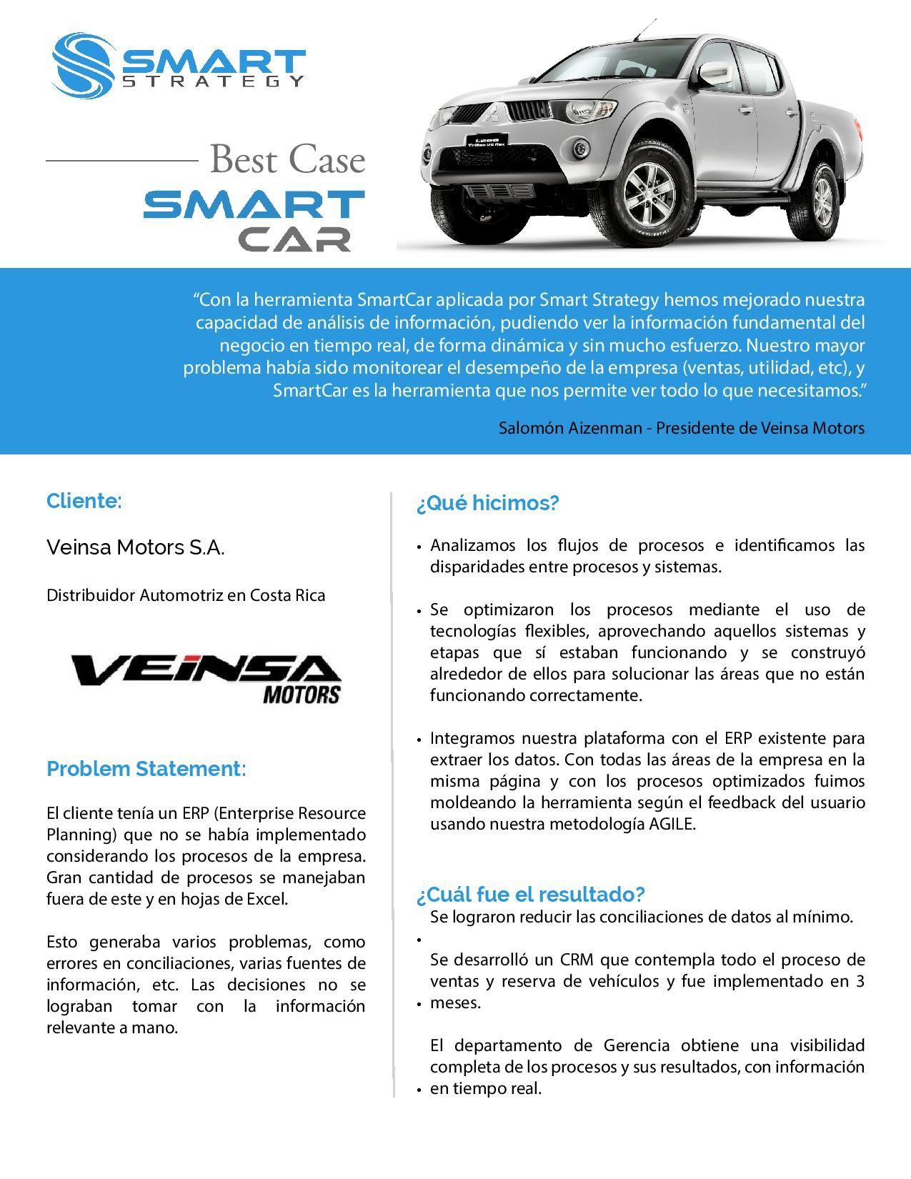 Documento de estudio de caso para Smart Car que muestra los objetivos del proyecto, los detalles del cliente, los desafíos y los resultados para VEINSA Motors.