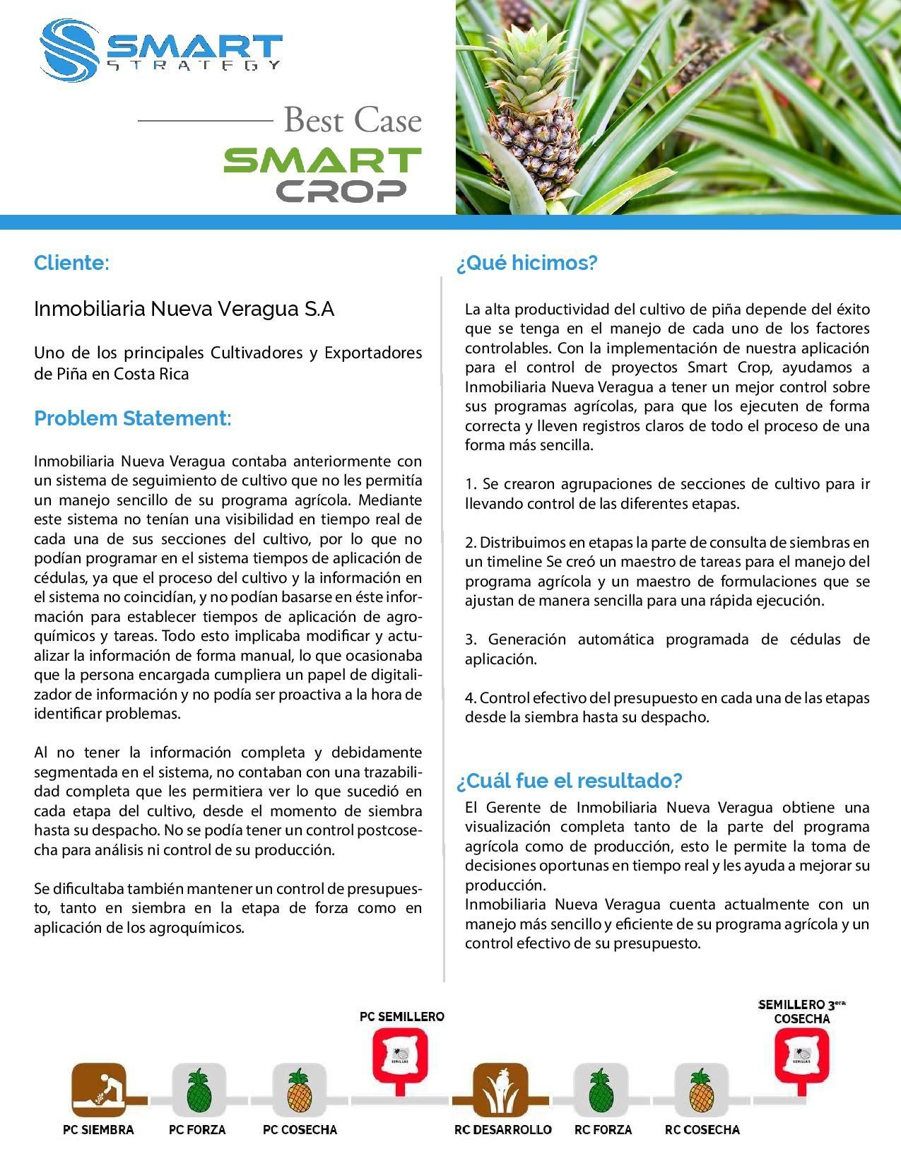 Folleto con el logo “Smart Crop” y texto sobre el cuidado de la piña.