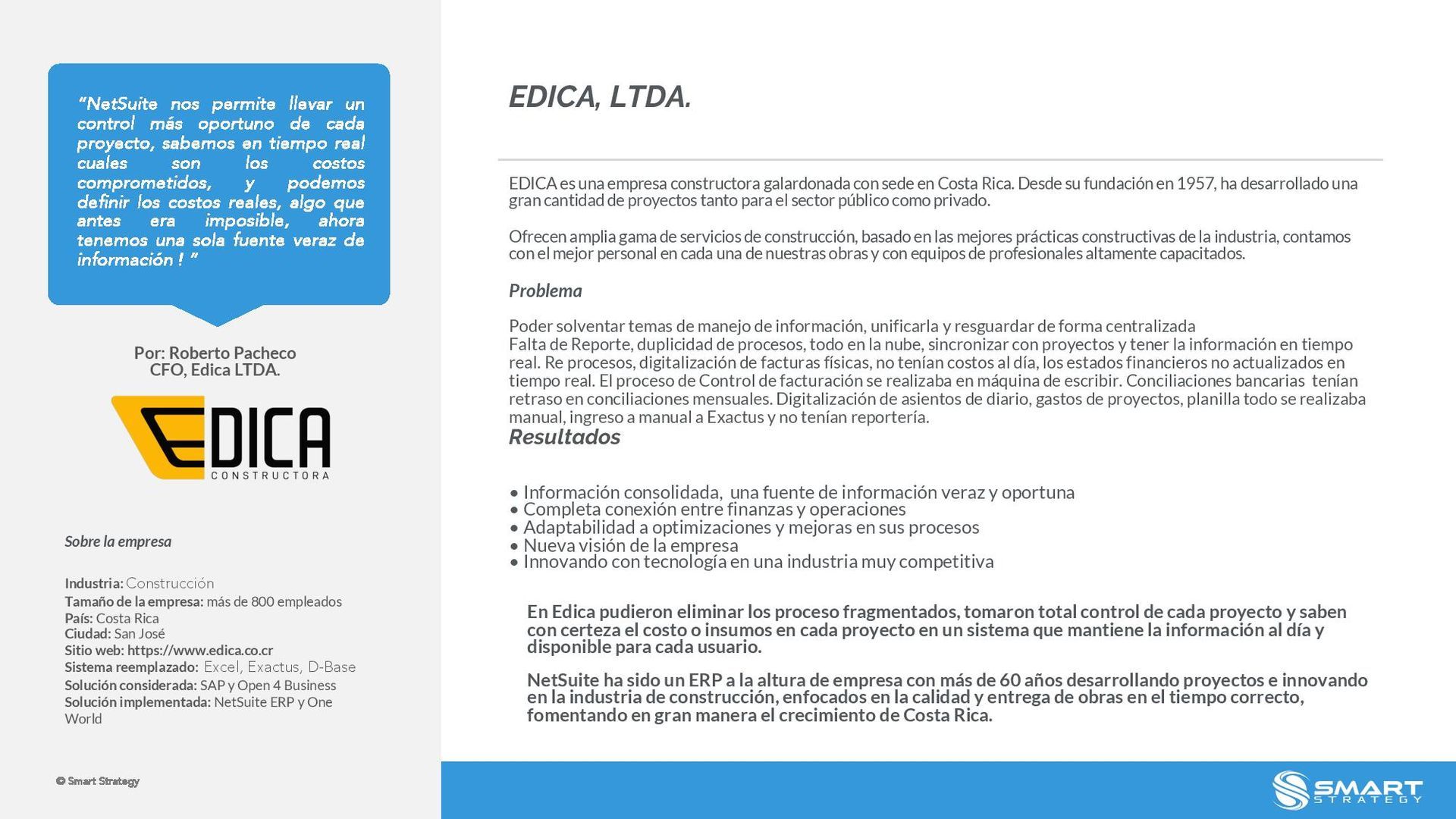 Diapositiva de presentación corporativa para Edica Ltda, que incluye el logotipo, la información de contacto y la descripción de la empresa.