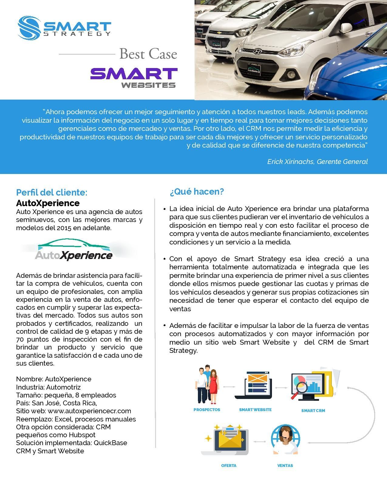 Folleto: Estudio de caso SMART con automóviles, información del cliente e íconos gráficos relacionados con soluciones de servicio al cliente.