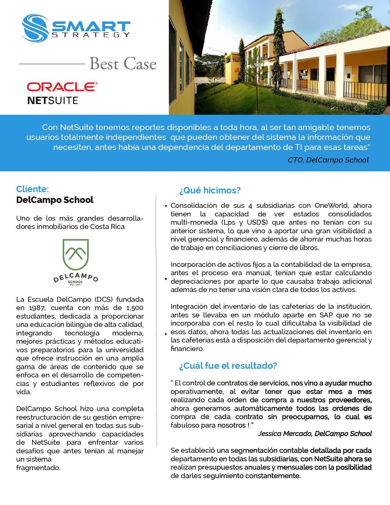 Documento de estudio de caso: logotipo de Smart Solutions, logotipo de Oracle NetSuite, texto y fotografía del exterior de un edificio.