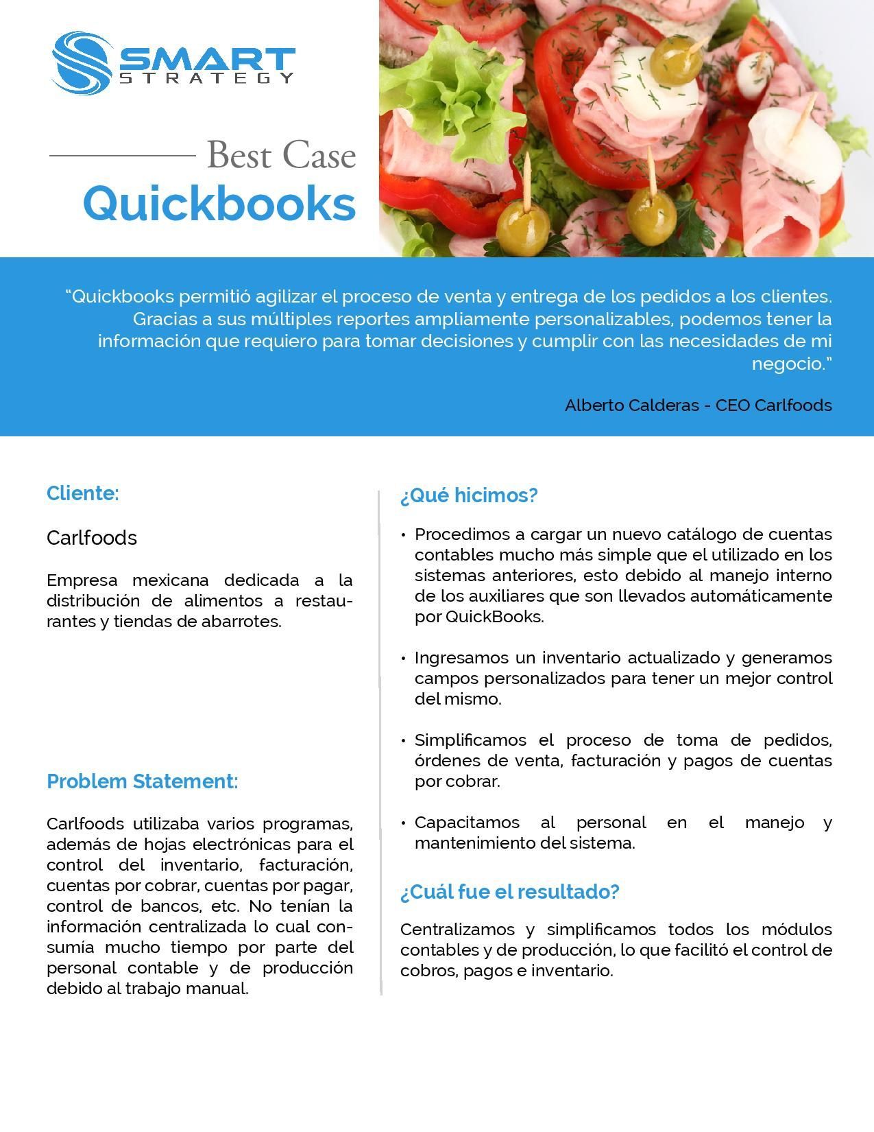 Volante con diseño azul y blanco; capacitación de QuickBooks, foto de comida en la parte superior.