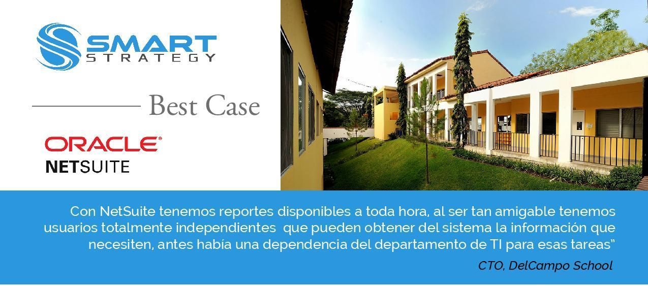 Una imagen promocional que muestra los logotipos de Smart Strategy y Oracle NetSuite junto a una fotografía de un moderno edificio amarillo.