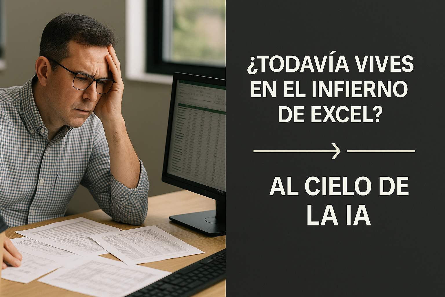 Hombre frustrado frente a un escritorio con hojas de cálculo, junto a un texto: 