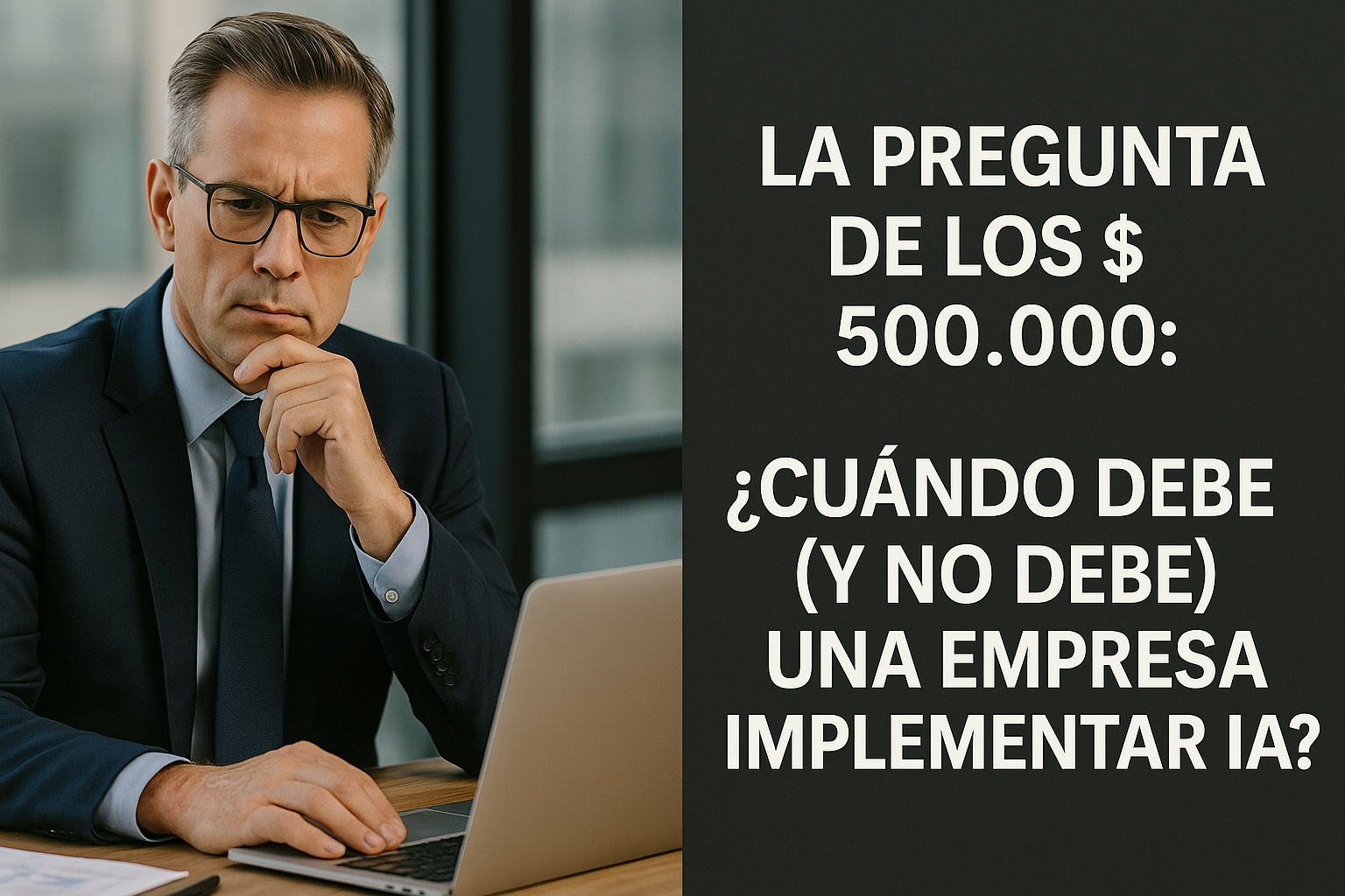 Empresario reflexiona sobre la cuestión de cuándo una empresa debería y no debería implementar IA, texto a la derecha.