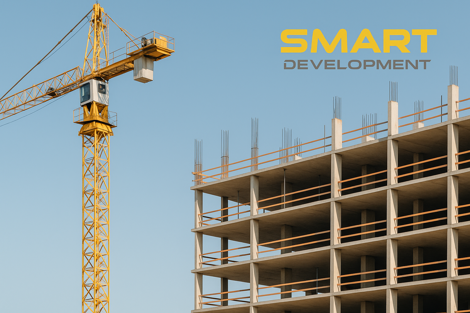 Grúa amarilla junto a un edificio de hormigón en construcción contra un cielo azul. Texto: