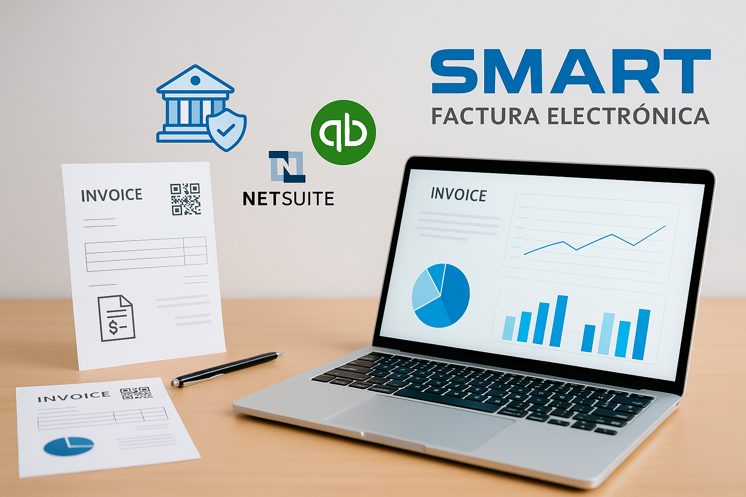 Computadora portátil que muestra gráficos, facturas e iconos de facturación electrónica en un escritorio.