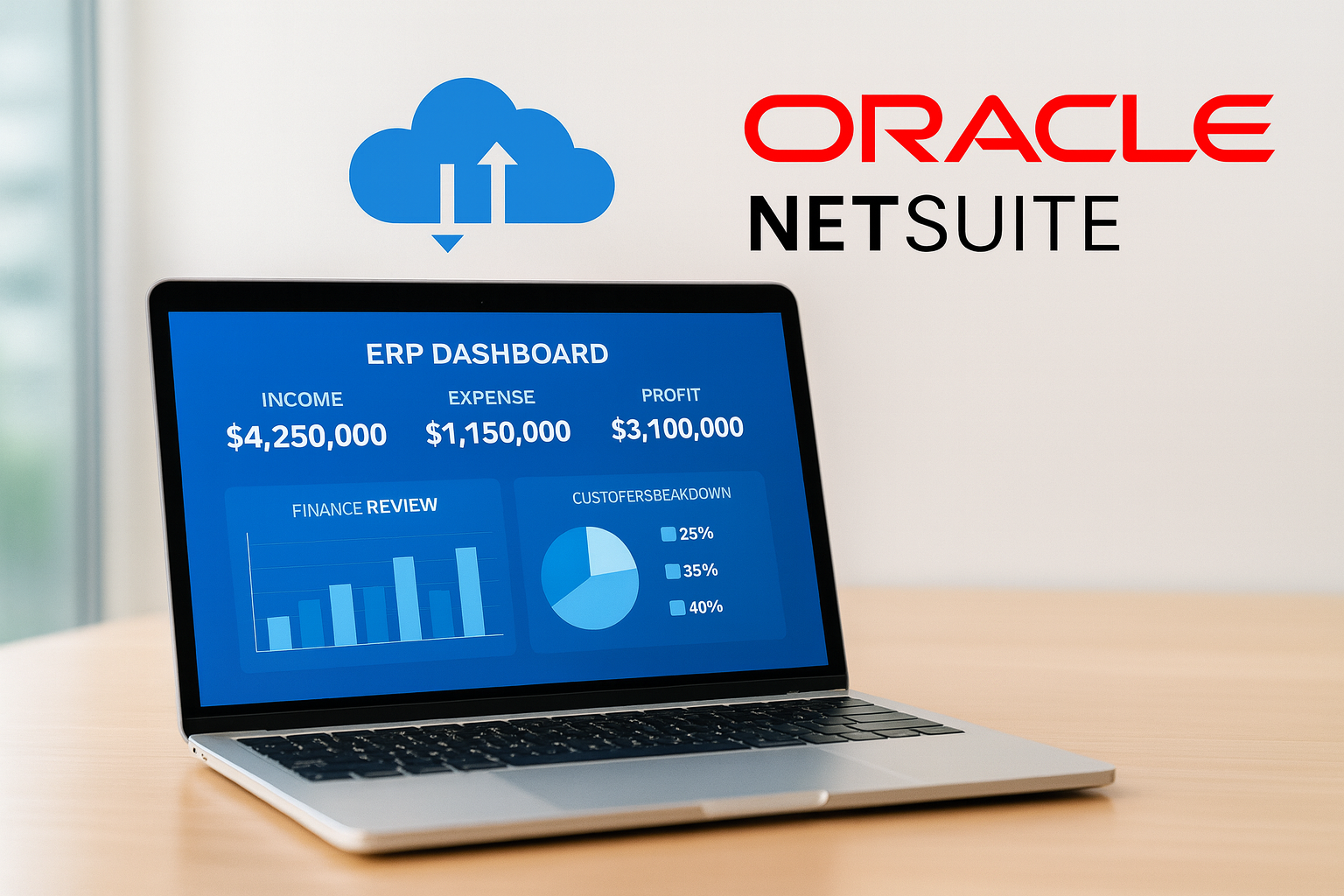 Computadora portátil que muestra un tablero ERP azul, con un ícono de nube y el logotipo de Oracle NetSuite sobre un escritorio.