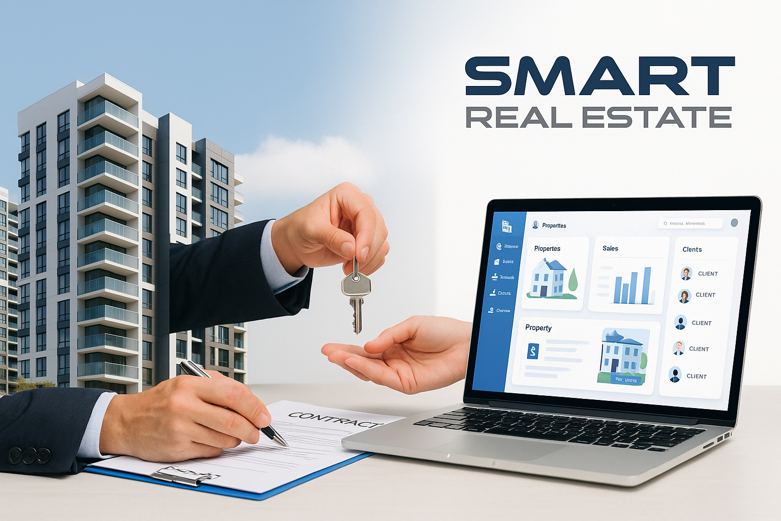 Hombre entrega llave a persona que firma contrato, computadora portátil mostrando datos inmobiliarios, texto