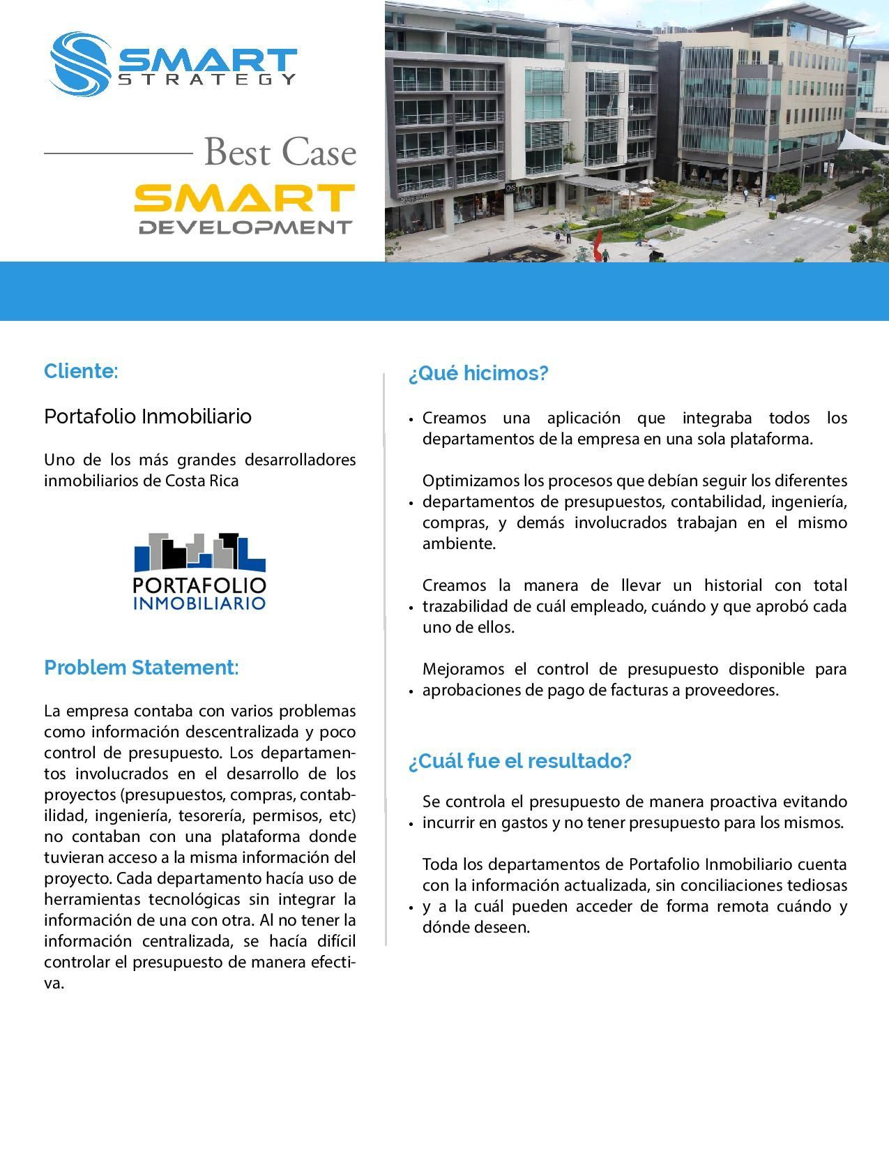 Volante para Desarrollo Inteligente con foto del edificio y texto sobre bienes raíces.