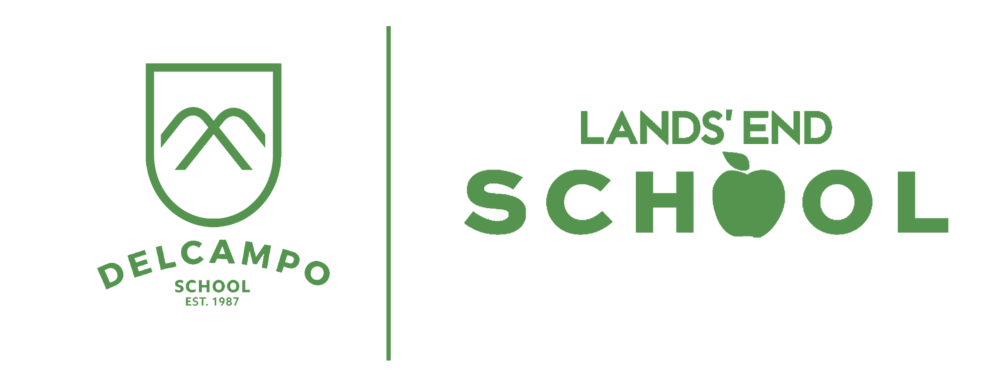 Logotipos de las escuelas DelCampo y Lands' End. Color verde; manzana en lugar de la 