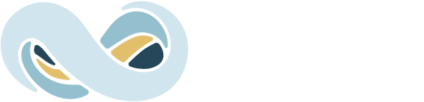 Un logotipo con el símbolo del infinito en tonos azul claro, dorado y azul marino oscuro.
