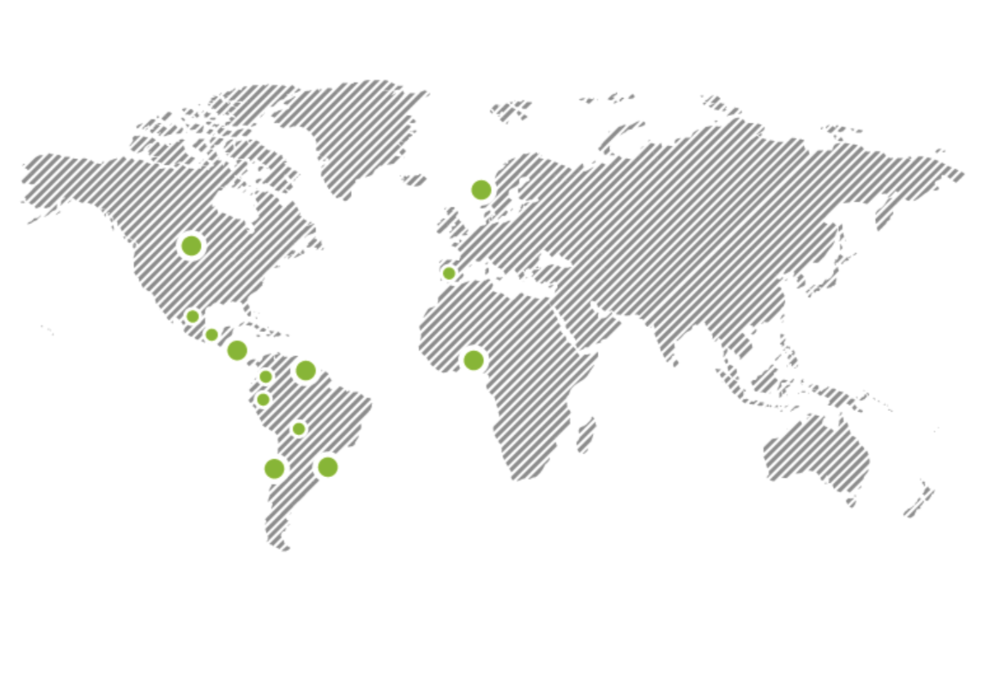 Mapa del mundo con puntos verdes que indican ubicaciones.