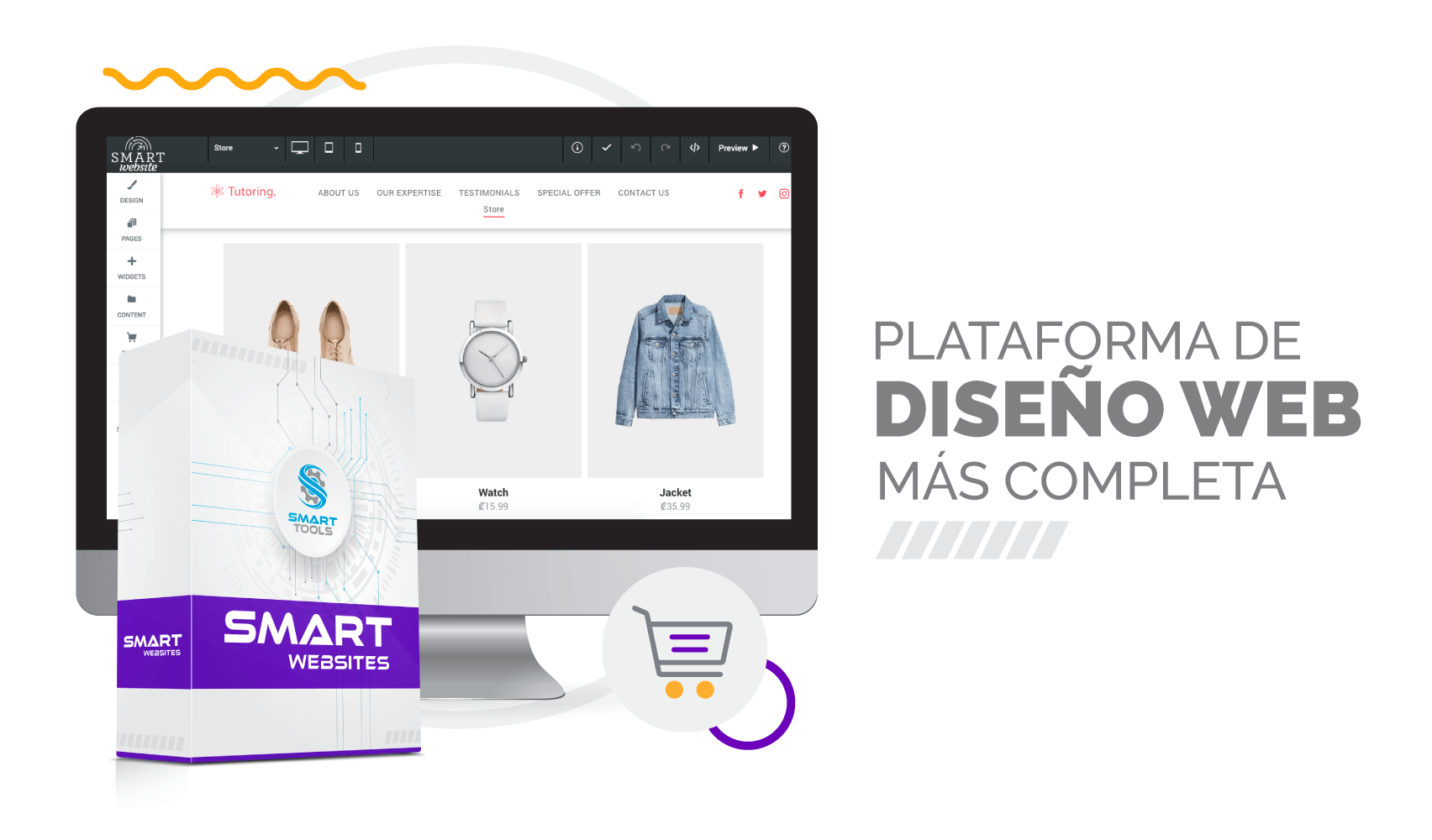 Un monitor de ordenador muestra una página web de comercio electrónico junto a una caja con la marca