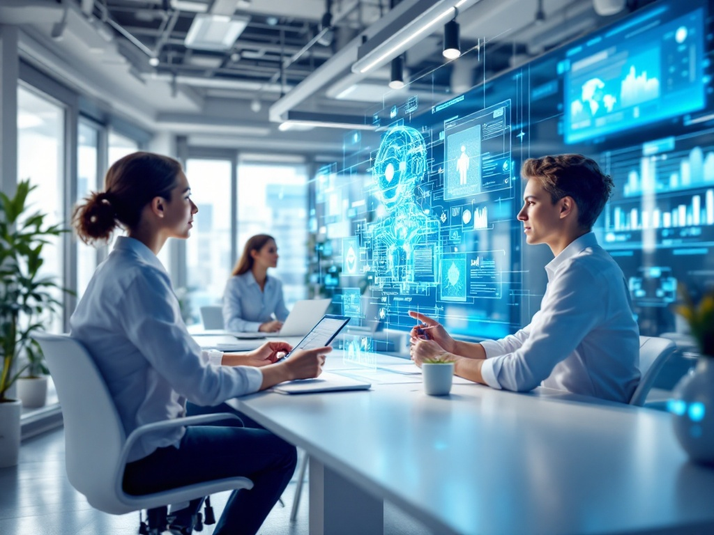 Dos personas sentadas a una mesa revisando datos en una interfaz holográfica brillante dentro de una oficina moderna y bien iluminada.