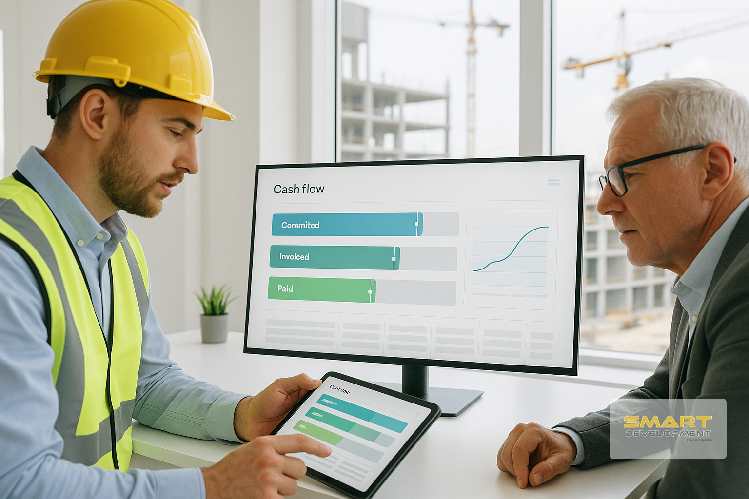 Un trabajador con casco amarillo y un profesional discuten datos de construcción en un monitor y una tableta en una oficina.