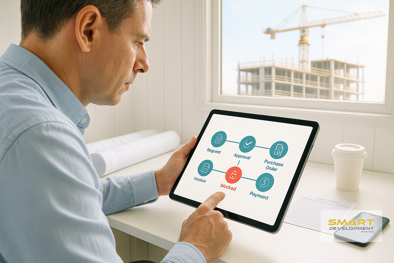 Una persona utiliza una tableta que muestra un diagrama del flujo de trabajo de un proyecto, con una obra en construcción visible a través de una ventana cercana.