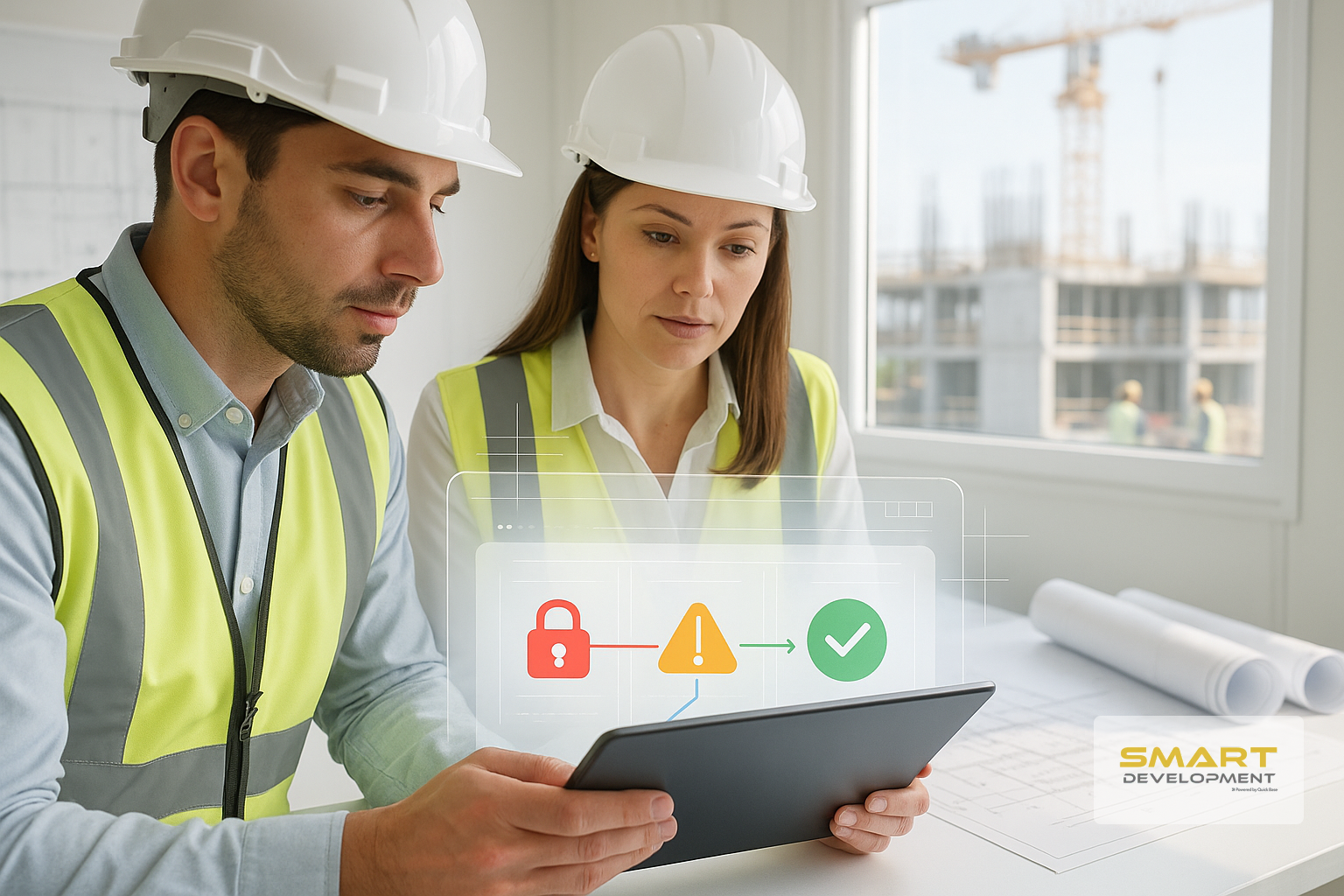 Dos profesionales de la construcción, con cascos y chalecos, revisan una tableta que muestra un gráfico del estado del flujo de trabajo en una oficina.