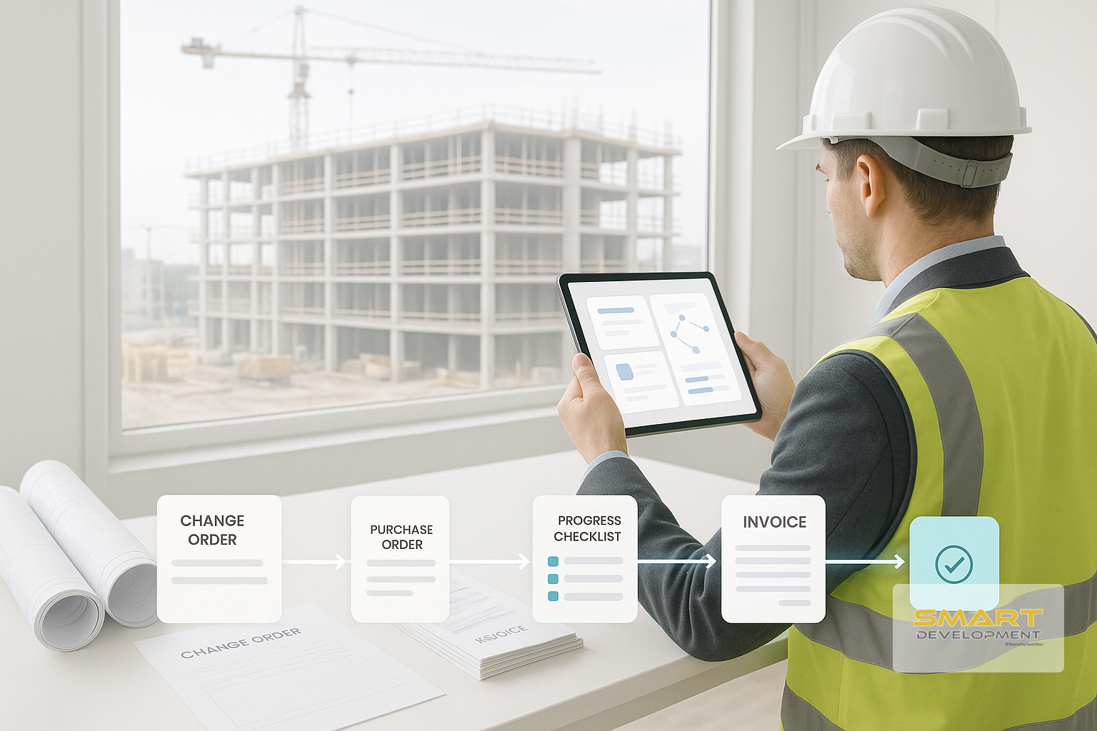 Profesional de la construcción con una tableta, observando una obra con un diagrama de flujo digital superpuesto.